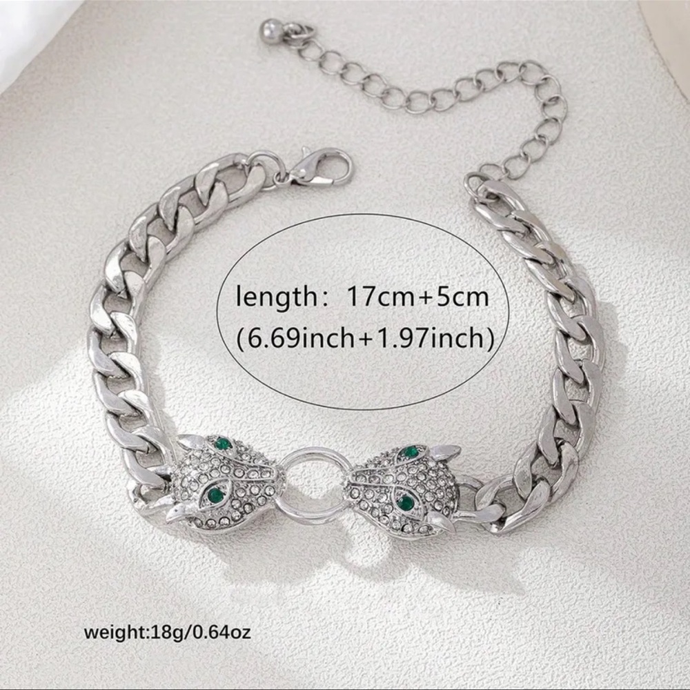 Silver Crystal Panther Head Chain Bracelet with Green Eyes - Picture 4 of 5